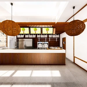 Rustic Japanese Wood Aesthetic Ice Cream Parlor LED Lighting Eco-Friendly Customizable Size Natural Rattan Hanging Lamp Showcase