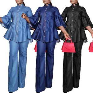 Two Piece Sets Women Autumn Denim Blouse Turtleneck Single Breasted Butterfly Sleeve Top Straight Pants Suit Casual Outfits