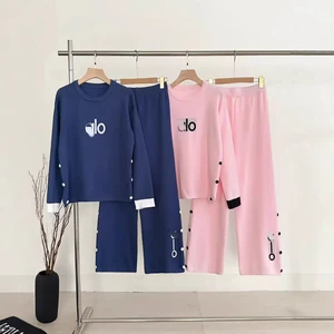 Cross-border 2026 New Style Loose Casual Knitted Luxury Above Knee Top Wide-leg Pants Two-piece Set Contrasting Color Lettering