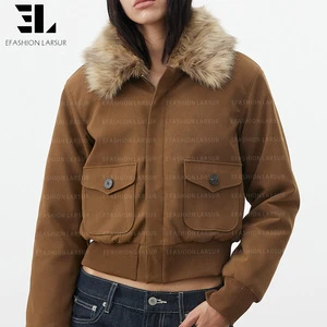 LARSUR Custom Factory Distressed Wash Cotton Twill Bomber Jacket With Removable Fur Collar Motorcycle Denim Jean Jacket Women