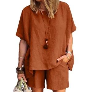 Summer Plus Size Women's Clothing Women Linen Sleek Loose Fit Short Sleeve Shorts Two Piece Ladies Sets