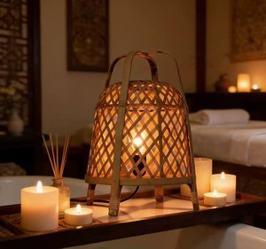 Sustainable Bamboo Art Decor Table Lamp Handcrafted Woven Beside Light for Hotel Lobby Bedroom Cozy Home&Cafe Ambience