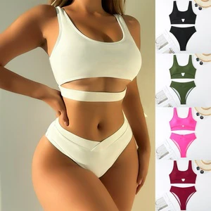 Women's Sexy 2-piece Swimsuit Ring Decoration Hollow Out Bra Bikini Bathing Suit