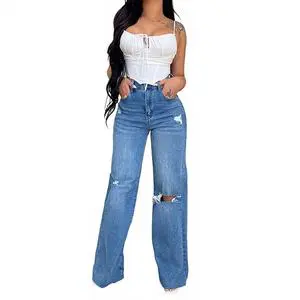 Wholesale Stretch High Waist Loose Fit Women's Denim Jeans with Cut-Out Detail Light Wash Wide Leg