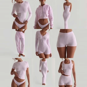 L801214 Custom Logo 2026 Two Piece Set Women Clothing Rib Skinny Tank Top Short Leggings Lounge Wear Summer Bike Shorts Set