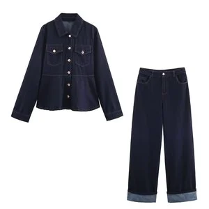 Set Women's autumn 2025 new casual fashion lapel denim long sleeve coat+retro women's high waist straight denim trousers suit