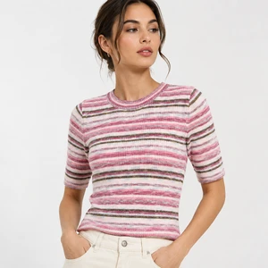 Womens Short Sleeve Striped Knit Top Crew Neck Rib Knit Sweater T Shirt Summer Knitwear