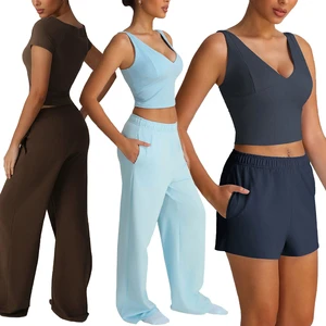 Sm2528 Two Piece Yoga Set Loose Dance Sports Wide-leg Pants Straight Floor Yoga Pants Slimming Short Sleeve Vest Fitness Suit
