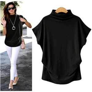 Soft Plus Size Women's High-Neck Top Short-sleeved T-shirt Mock Neck Fitted T-shirt for Women Half Turtleneck T-shirt