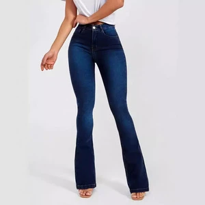 High Waist Dark Wash Flare Denim Jeans Women's Skinny Fit Full Length Casual Style Solid Color Button Front Woven Cotton Spring
