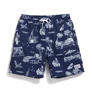 Mens Tropical Print Swim Trunks Quick Dry Beach Shorts Drawstring Waist Breathable Canvas 1 Piece Front Logo