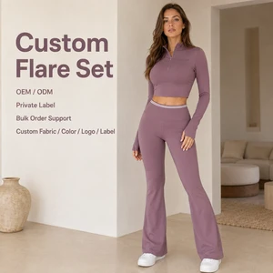 Private Label Flare Set Womens Purple Half Zip Long Sleeve Crop Top High Waisted Contrast Waist Bell Bottom Two Piece Set