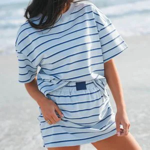 Custom Women's Summer Double Striped Patch Two Piece Set Short Sleeve T-shirt Elastic Waist Skort Manufacturer