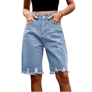 Women Light Blue Denim Straight Knee Length Shorts Mid Waist Casual Summer Vintage Loose Fit Button Detail Washed Premium