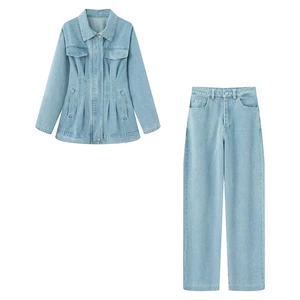 Top Trending Customized Design Women's Casual Skinny Canvas Denim Solid Long Two Piece Suits Summer Breathable Quick Dry