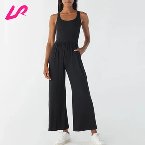 Custom Logo Active Sports Jumpsuit U-Neck Side Deep Pocket Wide Leg High Waist Culotte Double-Layered Bodice Breathable Casual