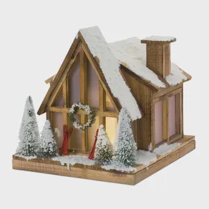 Christmas Lighted Wooden House Table Decor Christmas Village Houses White Wood Glittered Cabin LED House