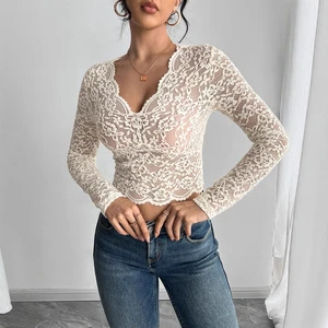Women's Casual Short-Sleeved T-Shirt Top with Sexy Lace V-Neck Solid Color Anti-Pilling for Spring and Summer