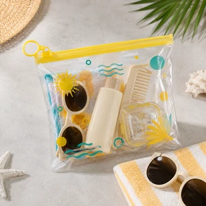 Clear PVC Waterproof Beach Pouch With Yellow Zipper Sun Wave Print for Towel Sunglasses Lotion Comb Travel Wholesale