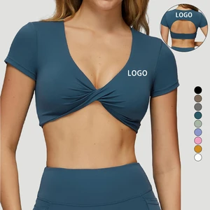 Breathable Lightweight Four-Way Stretch Short Sleeve V-Neck Seamless Plus Size Workout Crop Top Padded Athletic Yoga Front for