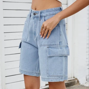 2026 Women's Summer Plus Size Casual Light Blue Denim Shorts Breathable Knitted Mid-Waist Straight Style 100% Cotton Distressed