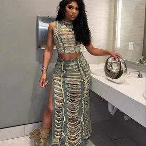 Women's Summer Denim Suit Cross-Border Fashion with Personalized Hand-Worn Vest and High Slit Denim Skirt