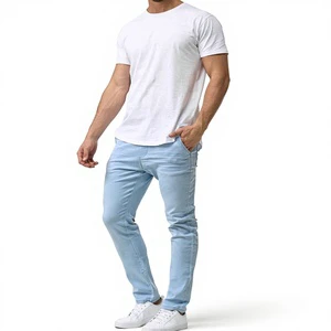 2026 Men's Ripped Blue Hip Hop Utility Slim Fit Mid Waist Straight-leg Jeans Button Fly Coated Denim with Rivet Washed for Men