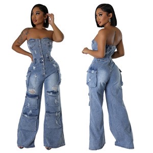 New Arrivals Wholesale S-2XL Strapless Denim Jeans Fashion Streetwear One Piece Jumpsuit