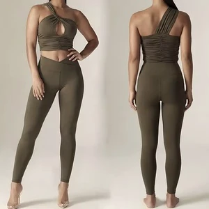 Custom Women 2 Piece Yoga Set One Shoulder Cutout Ruched Crop Top V Cross Waist Leggings Activewear Gym Workout Clothing