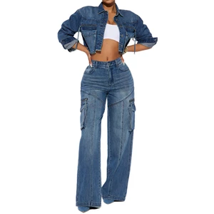 High Quality Solid Denim Cotton Full Length Cargo Style Teenagers Women's Jeans Jacket Set Breathable Streetwear Washed