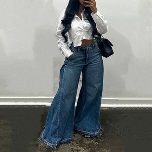 Women's Denim Jeans Pants Cross-Border US Women's Breathable Casual Denim Jeans-Blue Wide-Leg Regular Fit Floor-Length Pants