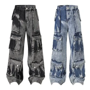 Men's Washed Vintage Multi-Pocket Design Straight Jeans Loose Denim Casual Retro Pants High Street Personality Washed Trousers