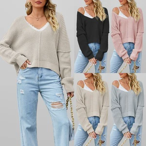New Arrival Thin Casual Cropped Shoulder Knit Tops Autumn Hot Sale European American Women Solid Color V Neck Oversized Sweaters