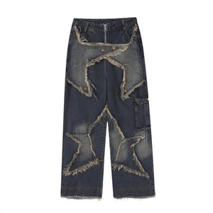 Wholesale Custom Streetwear Plus Size Denim Applique Embroidery Pants Straight Wide Leg Pants Long Pant Men's Jeans