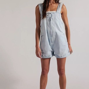 Summer Fashion 100% Cotton Loose Overalls Elegant Sleeveless Mid Waist Wide Leg Women's Casual Denim Jumpsuit For Women