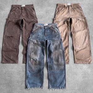 Custom Men Loose Baggy Denim Men's Jeans Trousers for Men 100% Cotton Faded Oversized Fit Double Knee Dirty Wash Denim Jeans