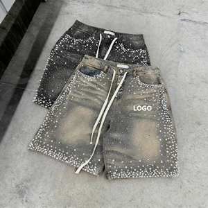 Custom Logo Front Manufacturer Streetwear Vintage Wash Mid Waist Button Fly Cargo Print Men's Jeans Shorts Rhinestones Denim