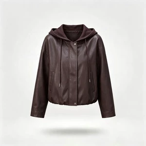 Ladies' Solid Hooded PU Leather Coated Motorcycle Jacket Autumn/Spring Zipper Washed Short Casual Outerwear Pockets Polyester