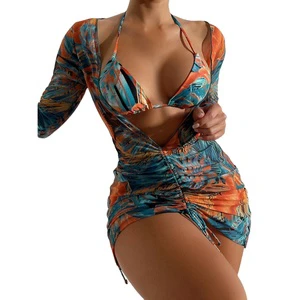 Floral Pattern Three-Piece Drawstring Swimsuit Long Sleeve Tight Skirt Cover-Up Push-Up Bra Spandex/Nylon Beach Bikini Suit