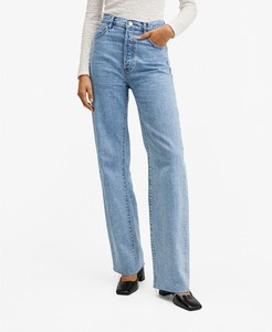 Fray Cut Hem Washed Blue High Rise Waist Relaxed Loose Wide Leg Fit Jeans 100% Cotton Denim Pants Women
