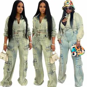 Women'S Autumn Multi-Pocket Sexy Deep V Neck Stretch High Waist Wash Casual Denim Suit Womens Two Piece Sets