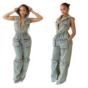 New Arrivals Denim Cargo Pocket Overalls Women Sleeveless Tight Waist Romper One Piece Hooded Denim Jumpsuits