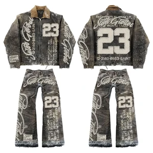 Custom Men's Distressed Long Sleeve Ripped Denim Jacket Loose Fit Vintage Holes Washed Patchwork Motorcycle Biker Jacket