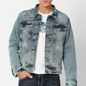 Men Denim Jacket Winter Fleece Lined Warm Blue Jean Outerwear Front Closure Streetwear Coat Casual Stand Collar Custom logo