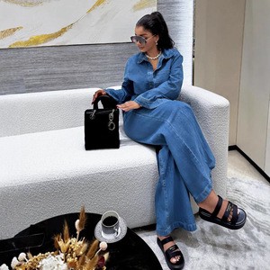 2025 Women's Casual Spring Denim Two-Piece Set Polyester/Cotton Quick-Dry Long Sleeve Lapel Jacket Wide Leg Jean Trousers Cowboy