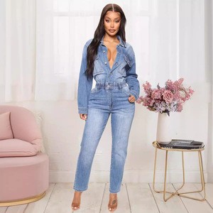 Sexy Sleeveless Denim Halter Neck Bootcut Straight Leg Cargo Jumpsuit Jeans for Women