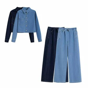 Set High-quality Women's 2 Pieces Fashion Denim Fabric Short Shirt Retro Long-sleeved Blouse+jeans Women's Suit