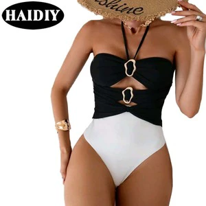 New Sexy Solid Black and White Splicing Metal Ring Hole One Piece Bikini Beach Custom Swimsuit Women Surfing Swimwear