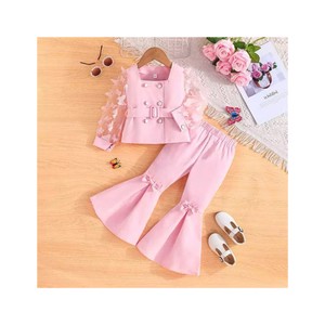 2024 Summer Baby Girls Clothes Set Toddler Girl Mesh Sleeve Solid Short Top + Flare Pants Outfit for 3-7 Years Old