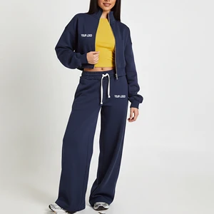 2026 New Arrived Casual Wear Two Piece Crop Top Zipper Hoodie & Baggy Joggers Set Fashionable Breathable Solid Color Sweat suits